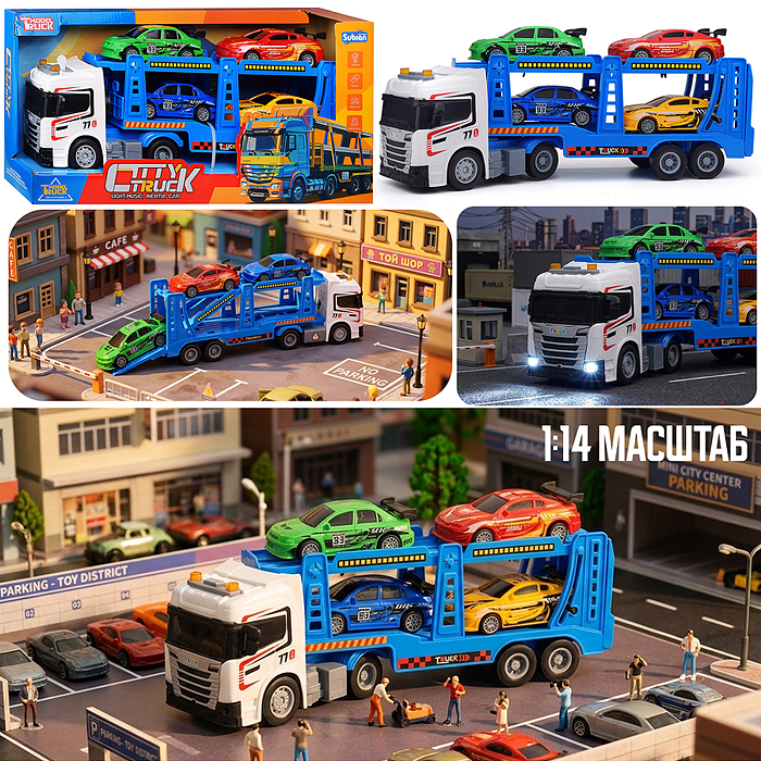 Машина S977-75A "Спортперевозка" на батарейках, 1:14 (свет, звук) в коробке