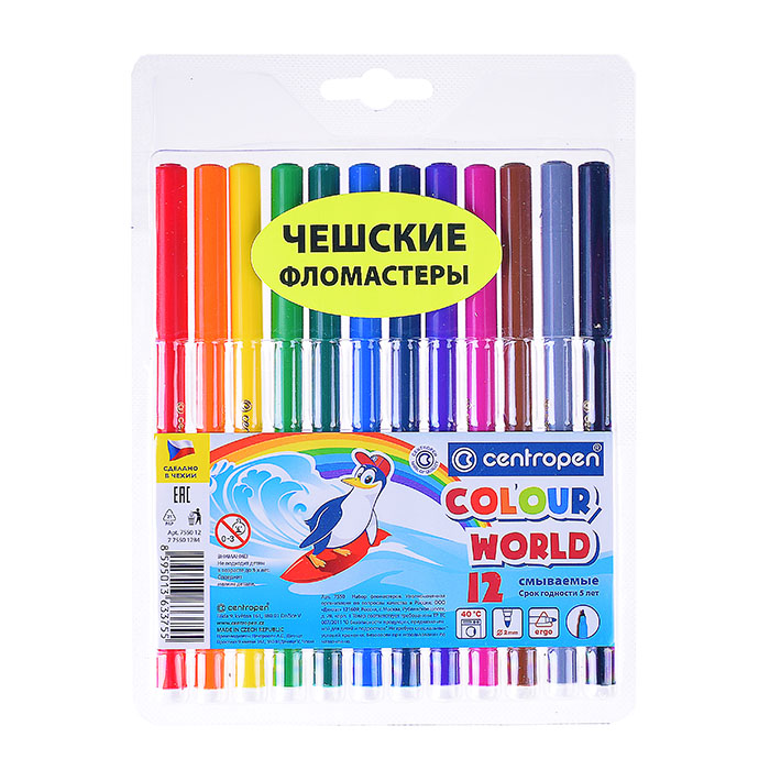Фломастеры "Colour World", 12цв., трехгранные, смываемые, блистер 