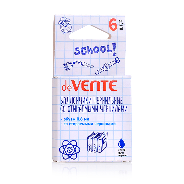 Фото к товару Набор баллончиков для перьевых ручек "School" со стираемыми чернилами, 06 шт, объем 0,8 мл, синие Набор баллончиков для перьевых ручек "School" со стираемыми чернилами, 06 шт, объем 0,8 мл, синие