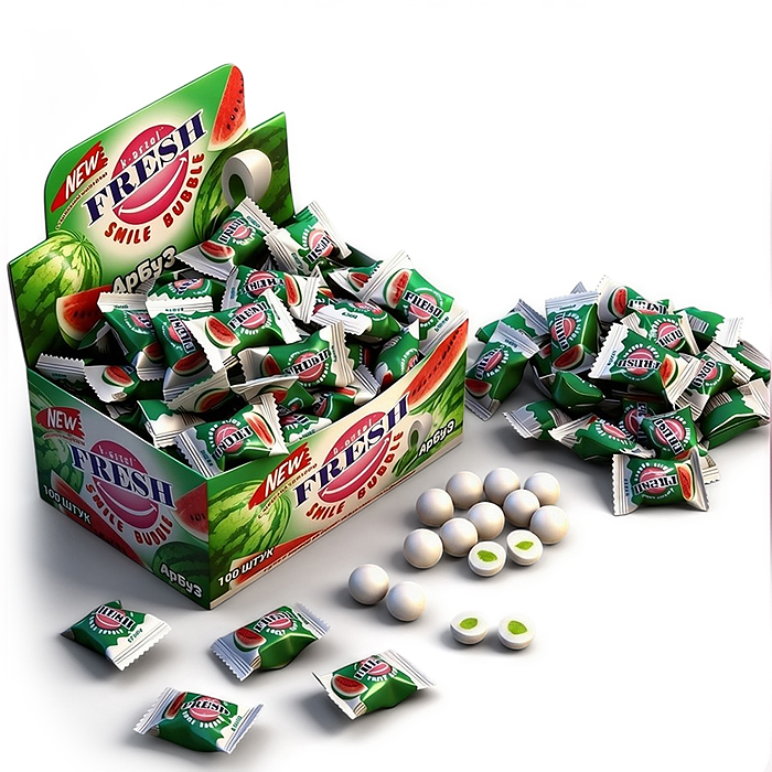 Резинка жевательная дражированная "Fresh Smile Bubble" со вкусом арбуза с жидкими центром 100шт
