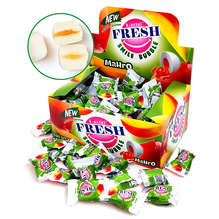 Резинка жевательная дражированная "Fresh Smile Bubble" со вкусом манго с жидкими центром 100шт