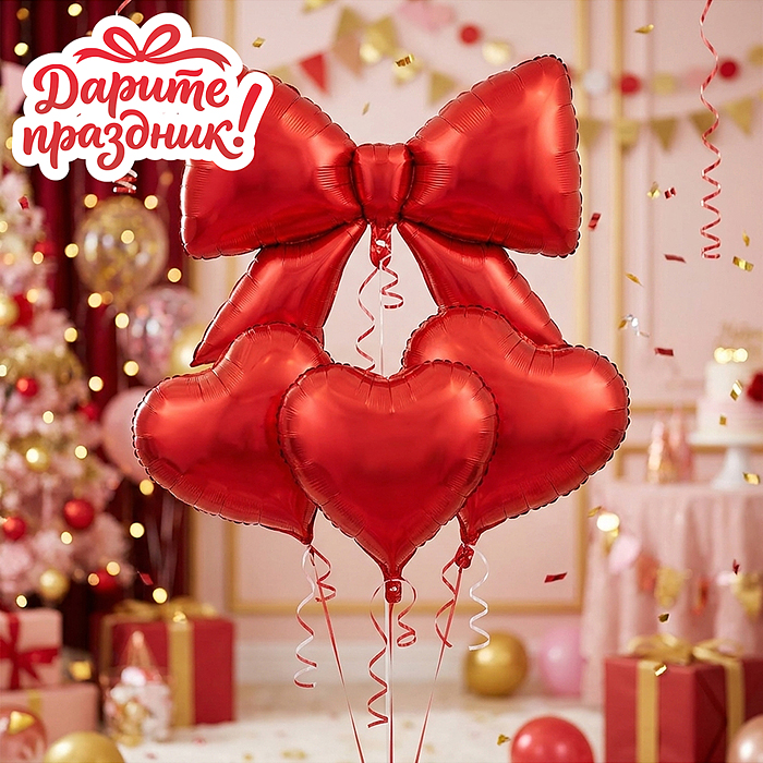 Интерьерное украшение DP-0102 Набор шаров "Бантик и сердечки" цвет красный