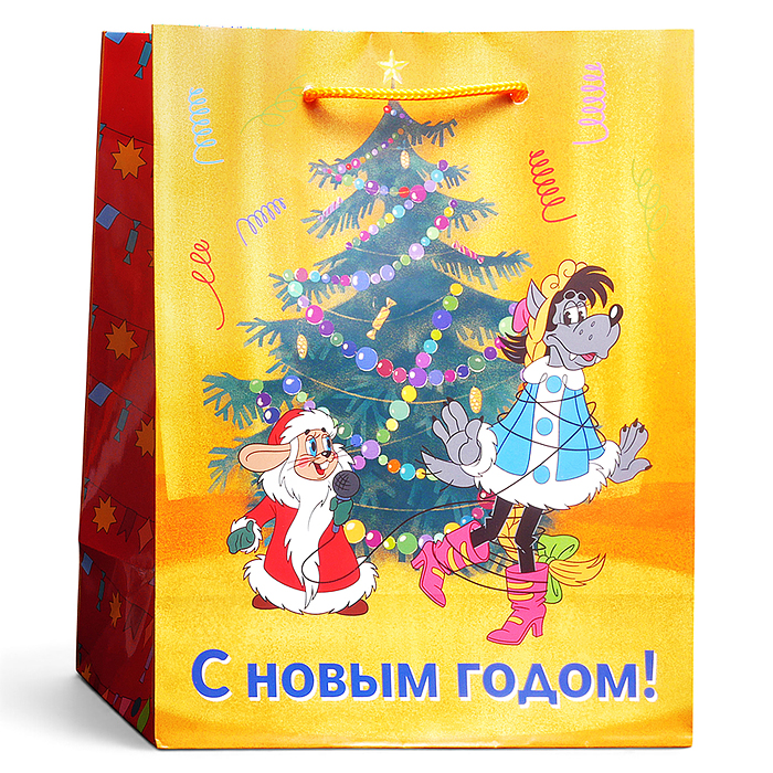 Пакет подарочный с глянц. лам. 26.4*32.7*13.6см(L) "Волк и заяц у ёлочки" 157г (Ну-Погоди)