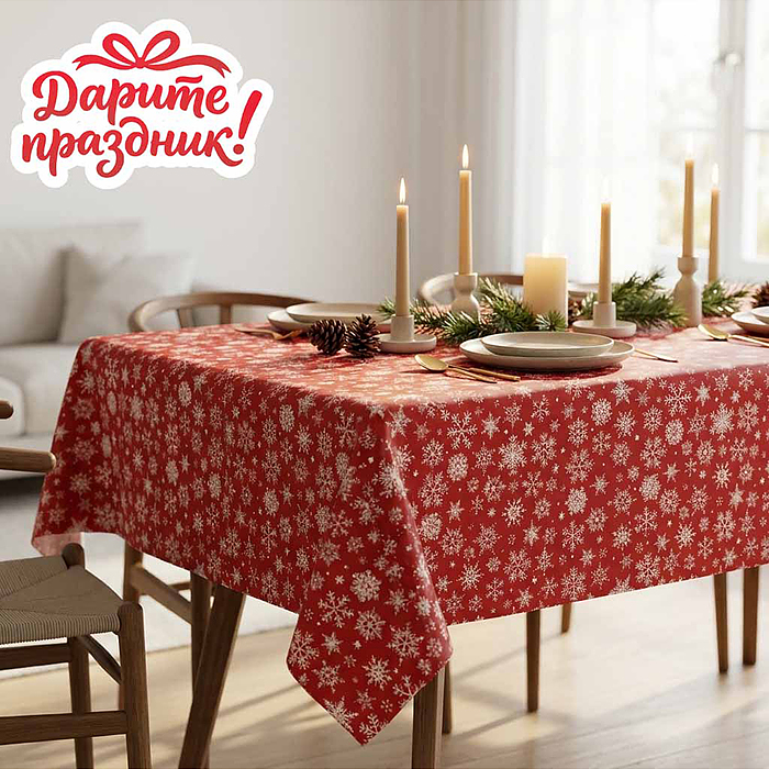 Скатерть DP-0546 "Снежинки" цвет красный, 137*274см Скатерть DP-0546 "Снежинки" цвет красный, 137*274см