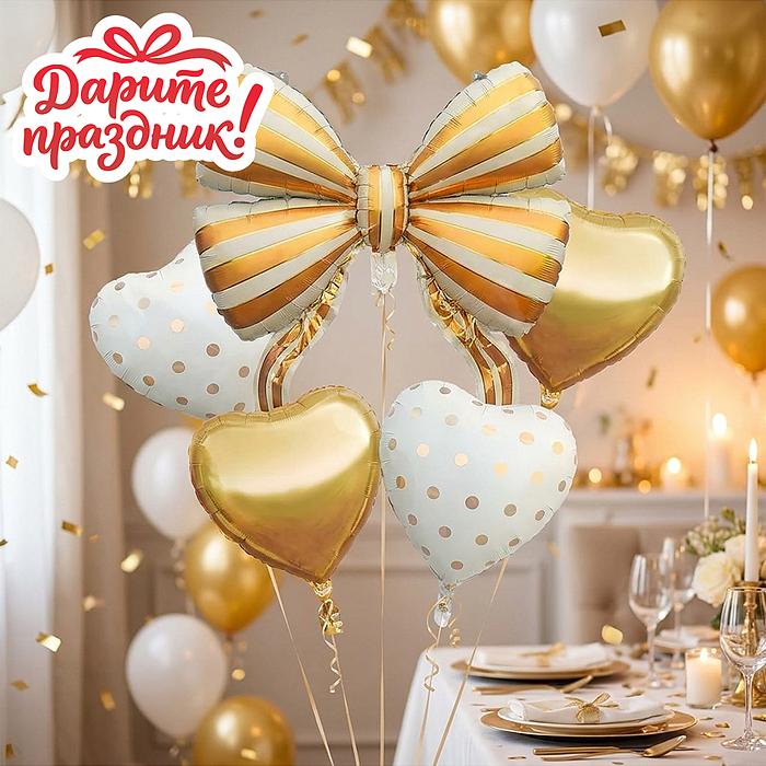 Интерьерное украшение DP-0109 Набор шаров "Золотой бант и сердечки"