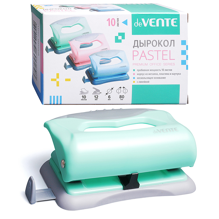 Дырокол "Pastel" (10 листов) пластиковый с каучуковой вставкой, с линейкой, в картонной кор