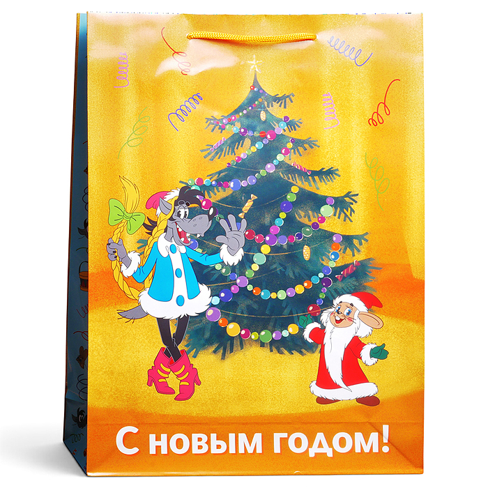 Пакет подарочный с глянц. лам. 32,4*44,5*10,2см(XL) "Заяц и волк у ёлки" 157г (Ну-Погоди)