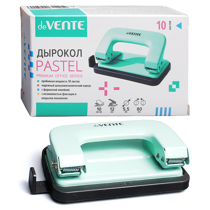 Дырокол "Pastel" (10 листов) металлический, с линейкой, в картонной коробке, мятный