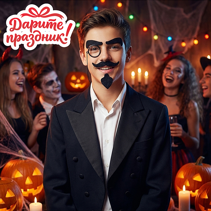 Карнавальный набор DP-0573 "Борода, усы, брови и монокль" цвет черный