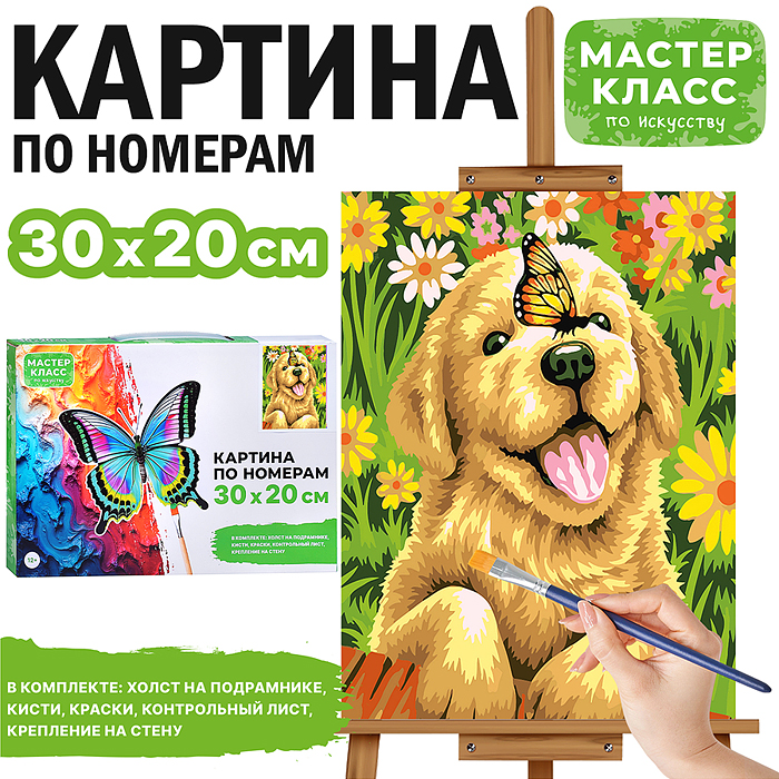 Картина по номерам MKR3020-102 "Щенок и бабочка" 30*20 см. 