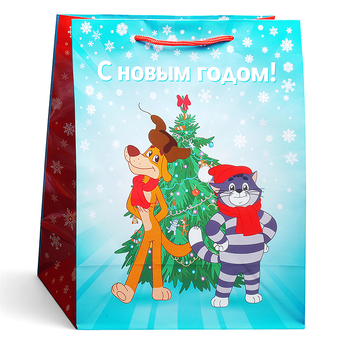 Пакет подарочный с глянц. лам. 26.4*32.7*13.6см(L) "Кот и собака у ёлки" 157г (Простоквашино)