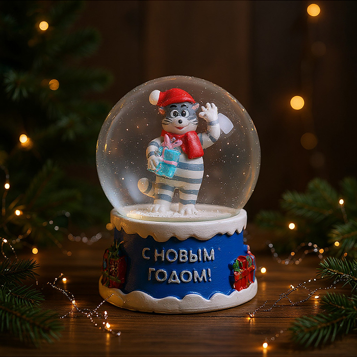 Новогодний cнежный шар "Новогодний кот" d=6,5 см Новогодний cнежный шар "Новогодний кот" d=6,5 см