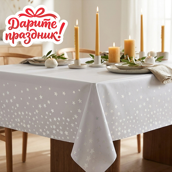 Скатерть  DP-0552 голубая с серебряными звездочками, 137*274см